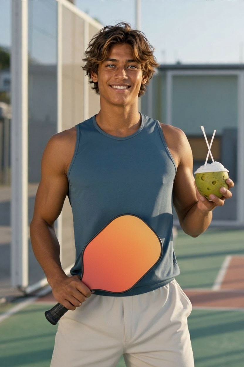 Me on the pickleball court with my paddle and a coconut drink.