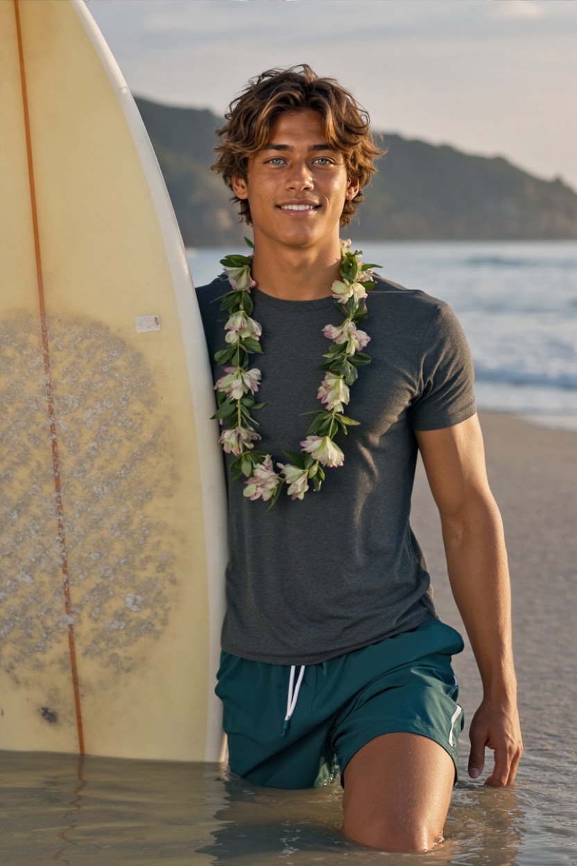 Me knee-deep with my board and a flower lei for my birthday surf.