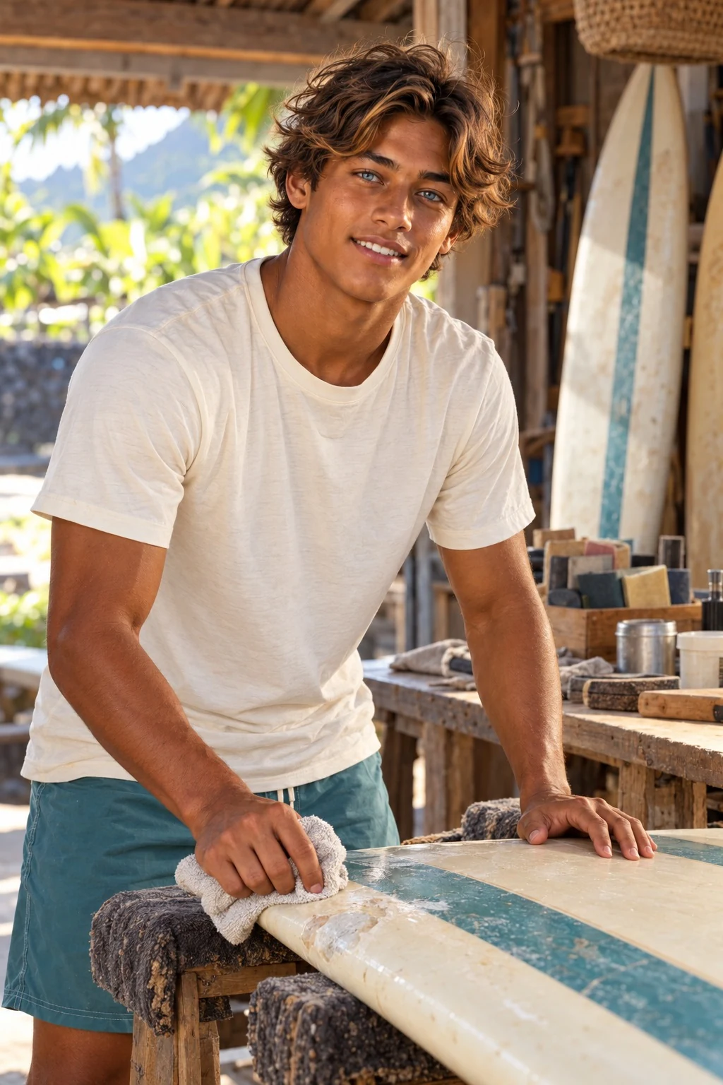 Me at the bench fixing up my board.