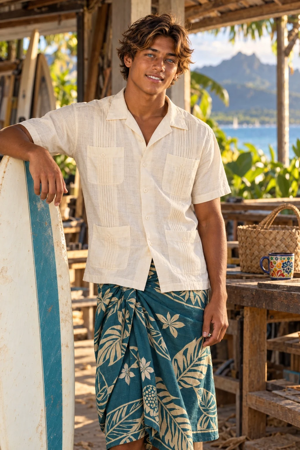 Me in my cream guayabera and teal pareu beside family craft.