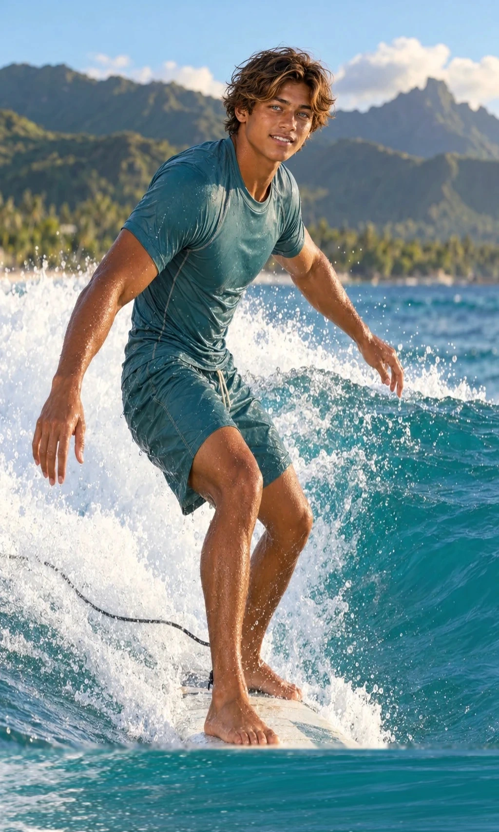 Me standing tall on my board in my teal surf set.